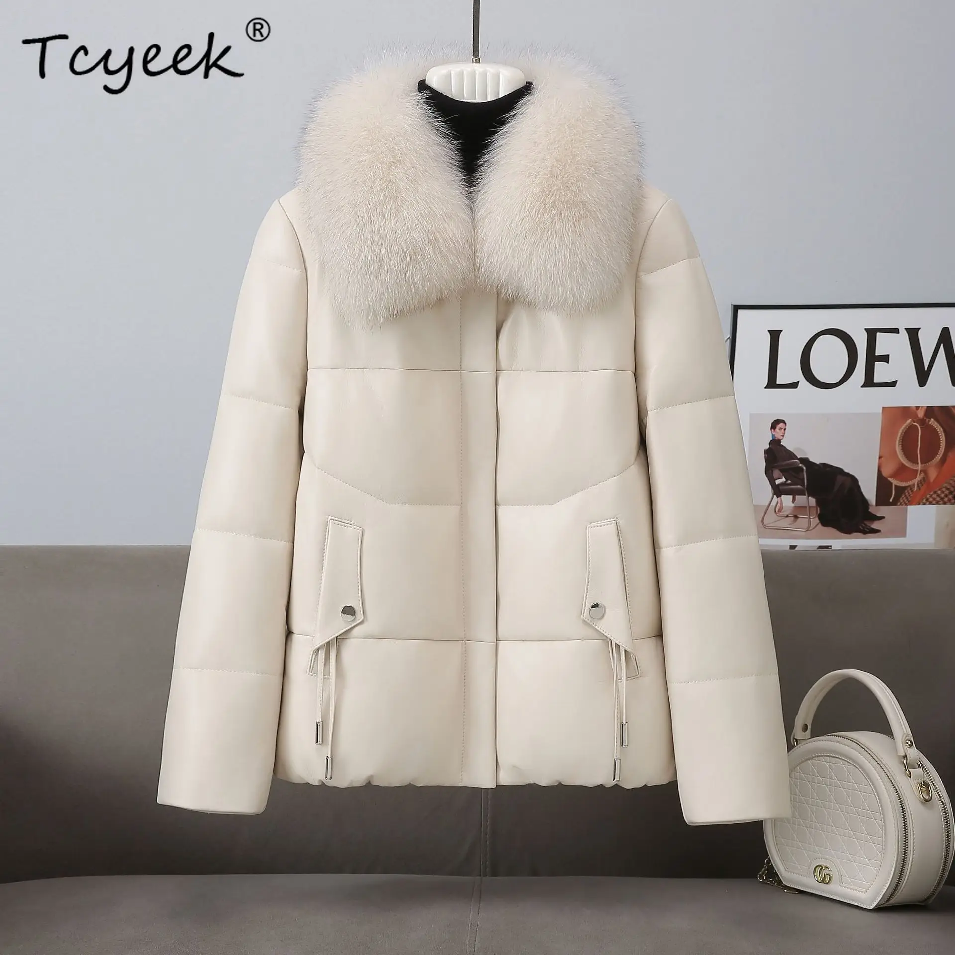 Tcyeek Genuine Leather Jacket Women Winter Clothes Warm Fox Fur Collar Top Layer Sheepskin Coat Woman Goose Down Coats Fashion