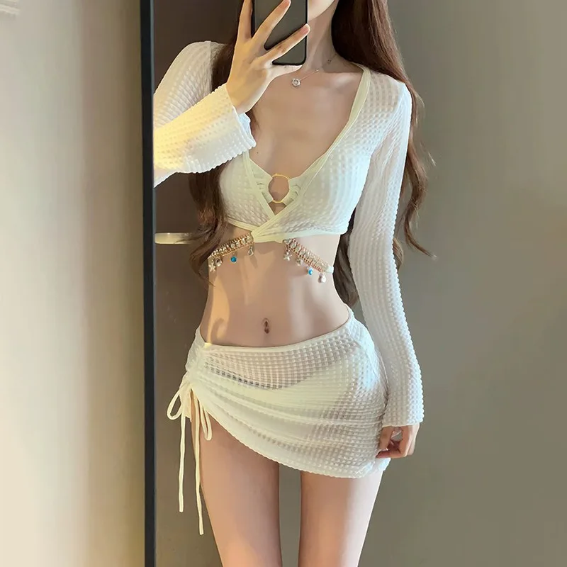 Women's Bikini Women's Four Piece Set, Split Fashion Skirt Style, Hollow Out, Conservative, Seaside Hot Spring Soaking