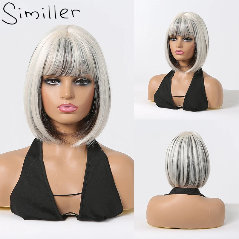 

Similler Black White Short Bob Wig with Bangs Heat Resistant Synthetic Wigs for Women's Costume