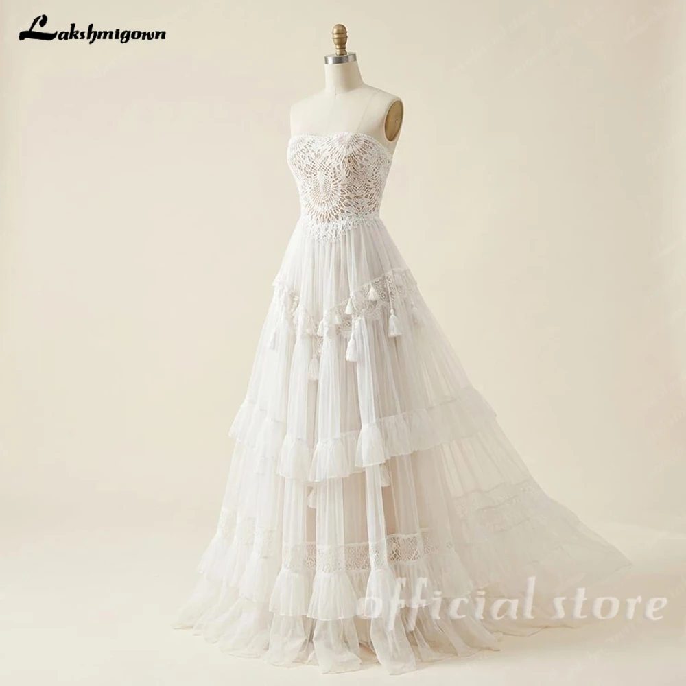 Lakshmigown Bohemisches Spitzen-Strandhochzeitskleid, trägerloses, sexy Boho-Brautkleid mit Quasten und Illusionseffekt, Vestido De Novia, maßgeschneidert – Detail 7