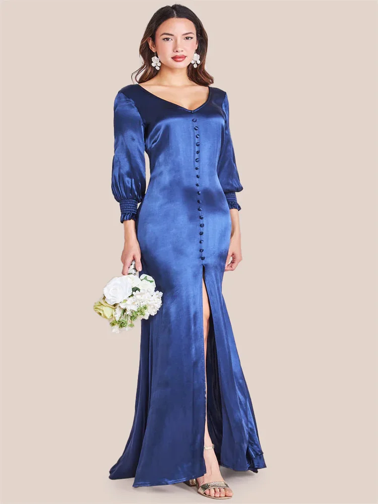 

Customized Elegant Satin Long Sleeve Flare Maxi Dress V Neck Center Button Decorated Front Slit Mommy Party Evening Dress