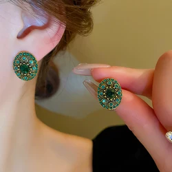 French Retro Oval Rhinestone Stud Earrings for Women Fashion Light Luxurious Temperament Ladies Wedding Party Premium Jewelry