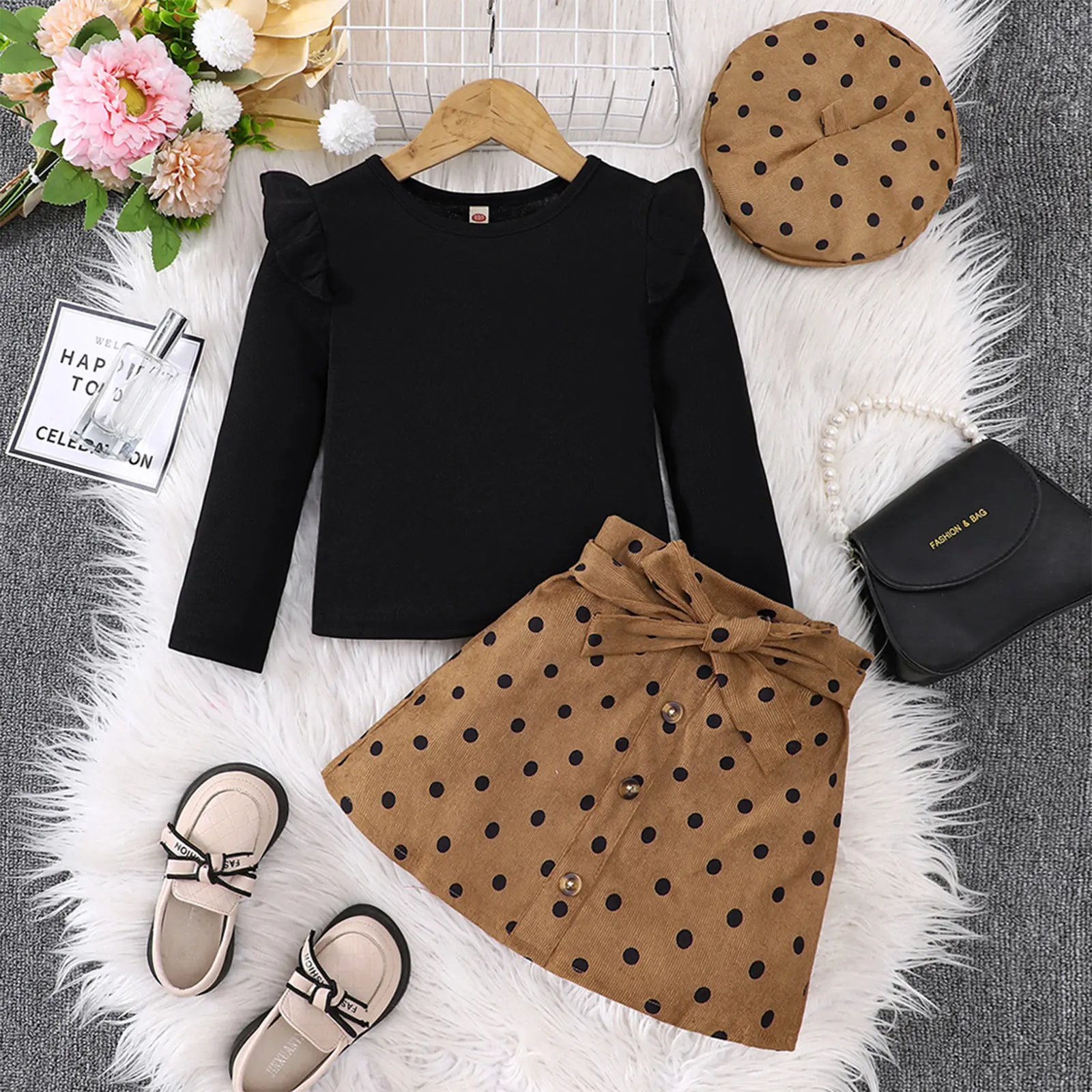 Toddler Girls Autumn Fashion Casual Outfit Long Sleeve Knit Tops with Skirt Beret Hat for Daily School Birthday Party Holiday