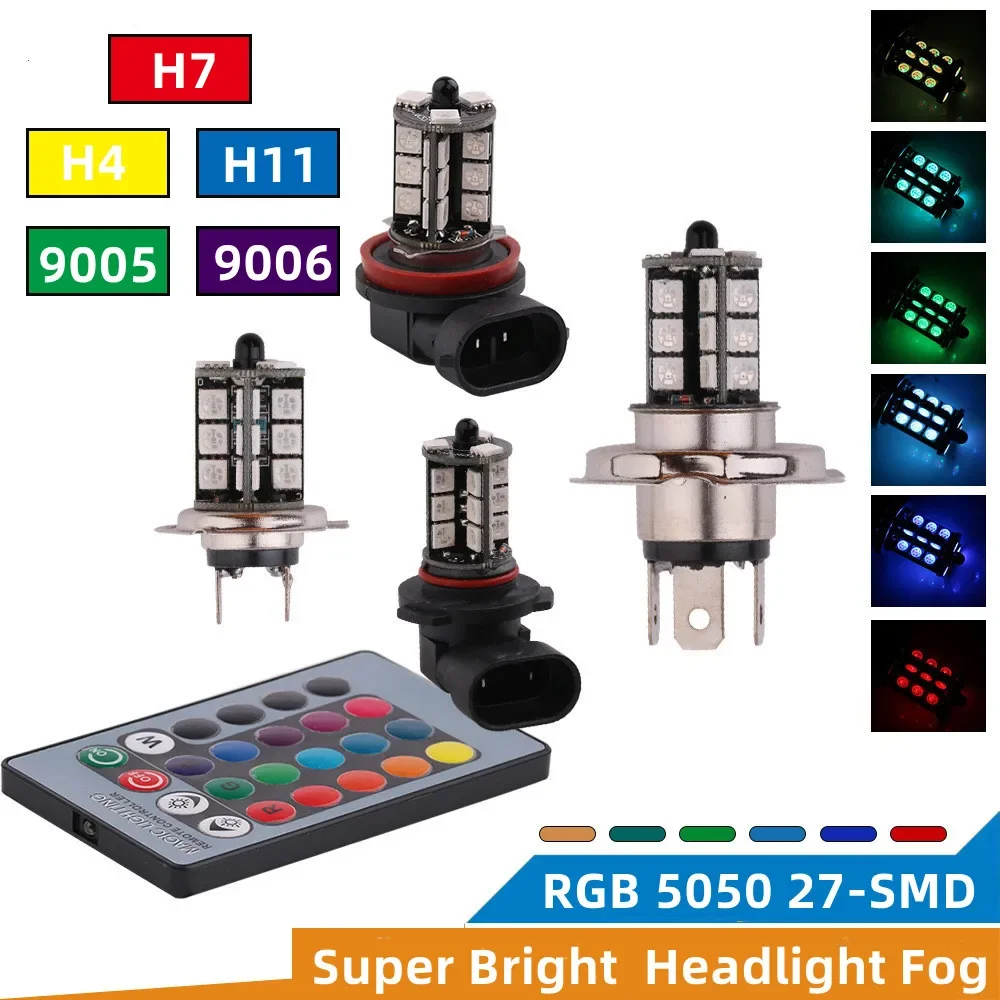 H4/H7/H11/9005/9006  2pcs Headlight Fog/Driving Light Lighting Bulb-5050 RGBW LED 27SMD With 24 keys Remote Control