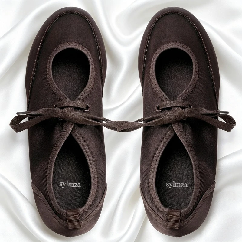 New Designer Lace Up Flat Shoes Women Satin Shallow Comfort Soft Sole Casual Shoes Female Round Toe Sports Ballet Flats Women image 5