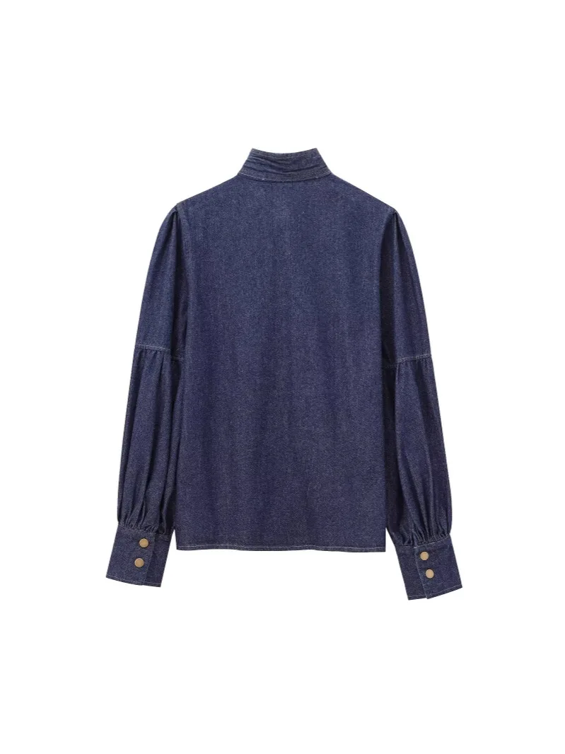 AW Urban Imitation Denim Blouse Tops Women's Blouses&Shirts New Spring Autumn Long Sleeves Puff Sleeves Tied High Neck Clot view 3