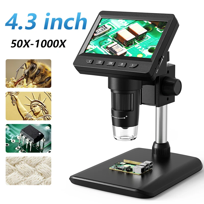 4.3'' Digital Microscope 50-1000x USB Microscope 1080p Soldering Microscope with 8 LEDs Compatible for Adult Soldering Repair