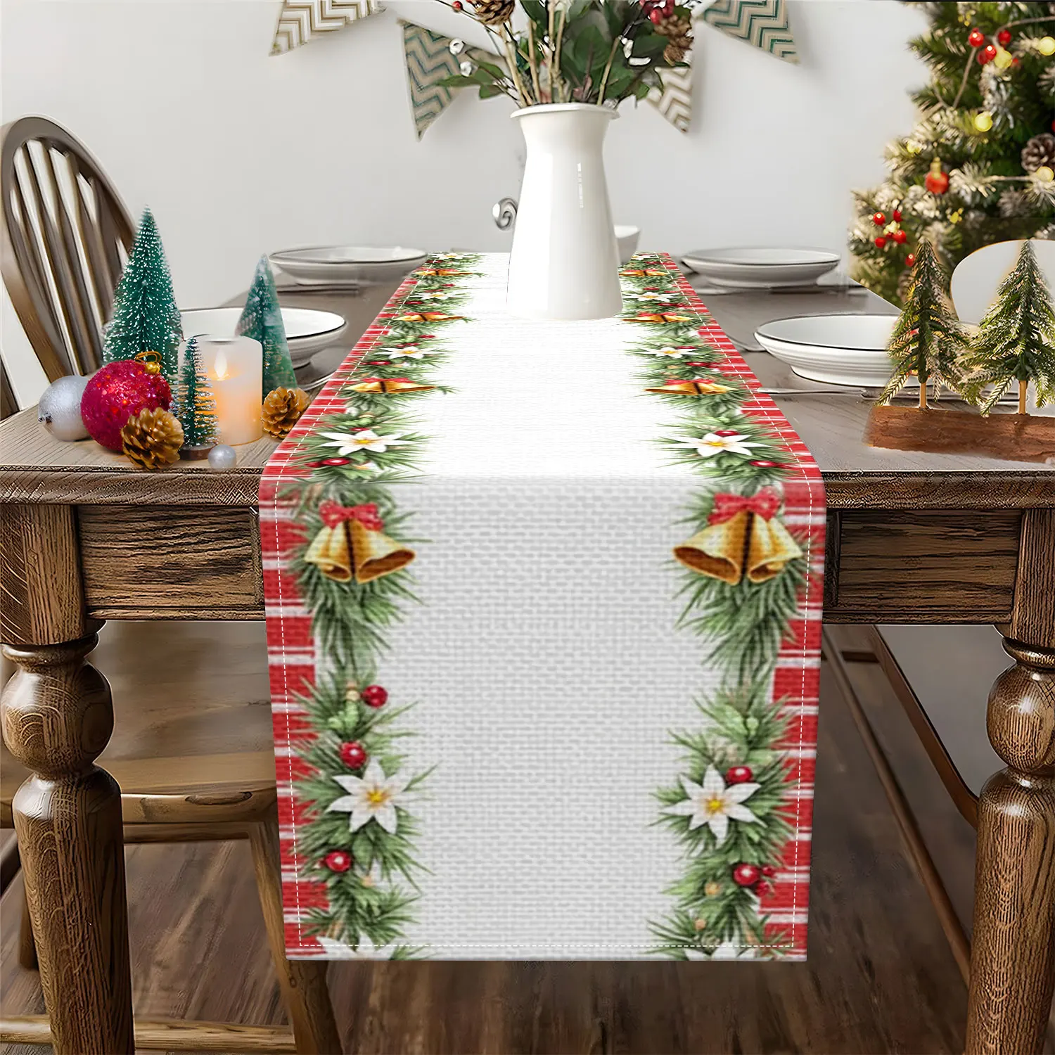 1 Piece of Christmas-Themed Table Runner, Decorated with Pine Branches, Bells, White Flowers, Etc., Suitable for Christmas Parties, Holiday Decorations, Etc