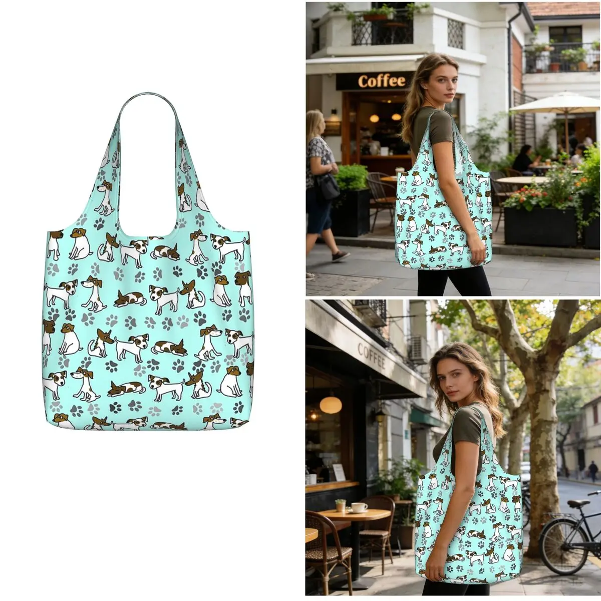 Jack Russell Terrier Cartoon With Light Blue Background Shopping Tote Bag Canvas Shoulder Bags Shopper Grocery Handbag for Women
