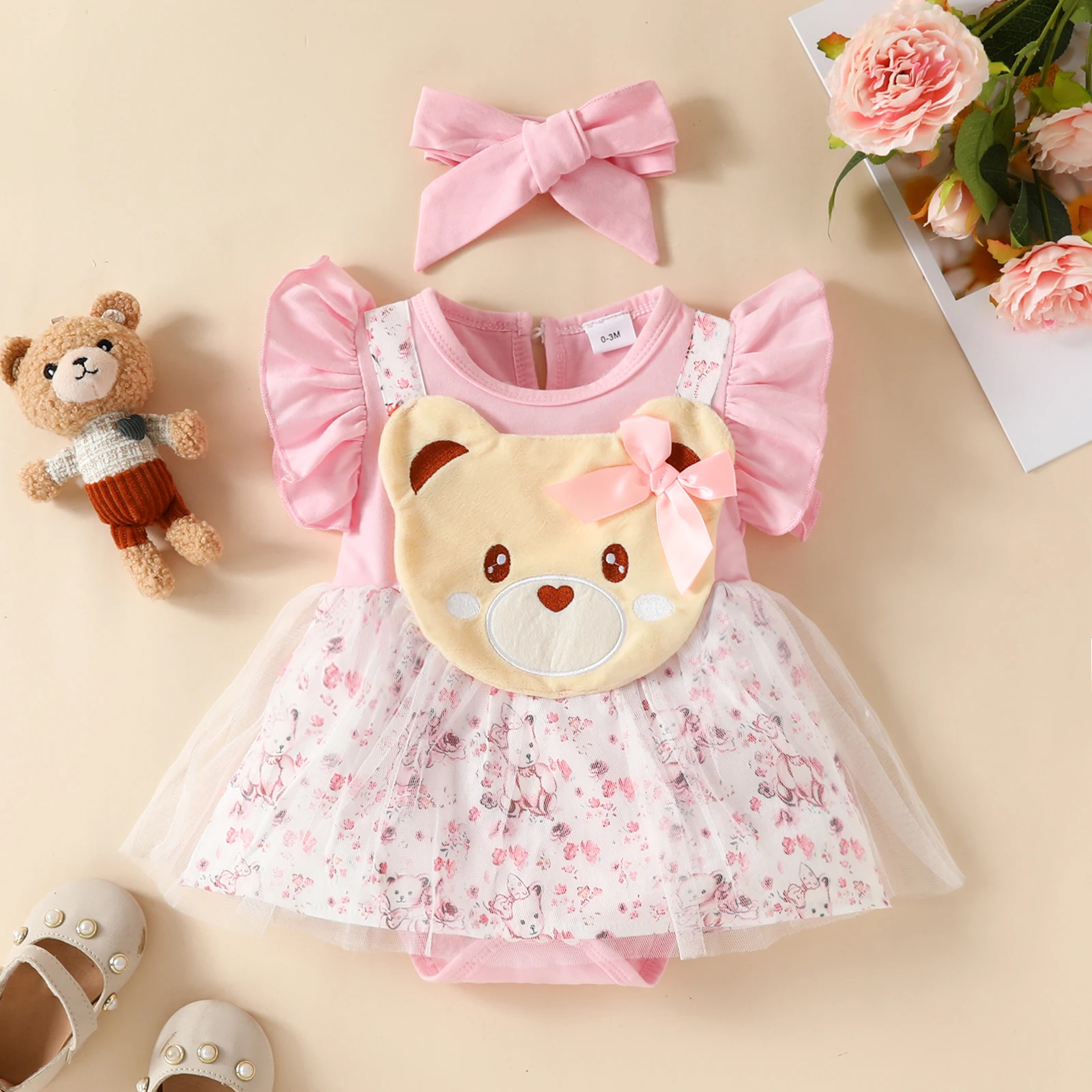 Baby Girl Summer Cartoon Bow Bear Mesh Skirt Triangle Harness