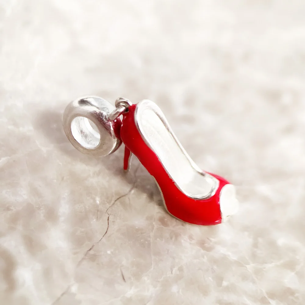 Red Shoe High Heel Dangle Charm Bead Pure 925 Sterling Silver European Jewelry Trendy Gift For Women