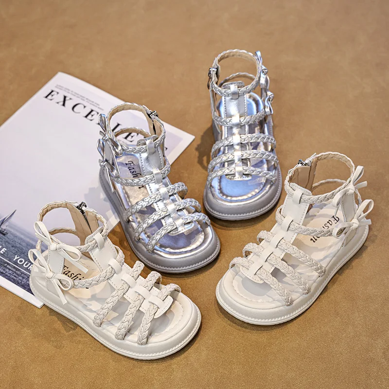 Mumoresip Kids High Top Roman Sandals Summer Woven Causal Princess Shoes for Girls Bow School Dress Children Gladiator Sandals