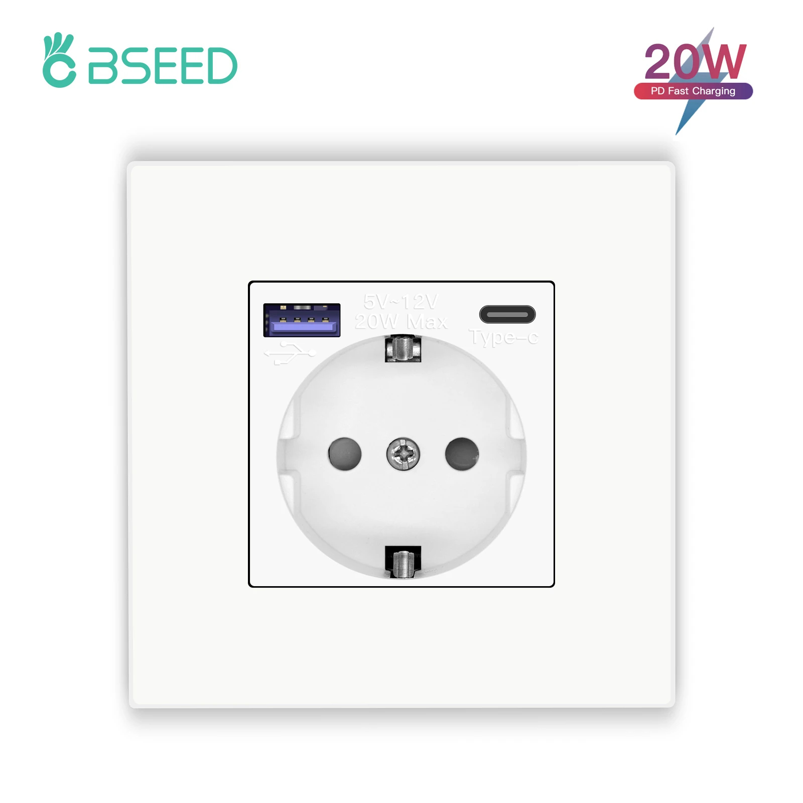 BSEED M1-Serie EU-Wandsteckdose, USB-Typ-C-Anschlusssteckdosen, doppelte Kunststoffrahmen-Steckdosen, dreifache Netzstecker, Kinderschutz, 16 A