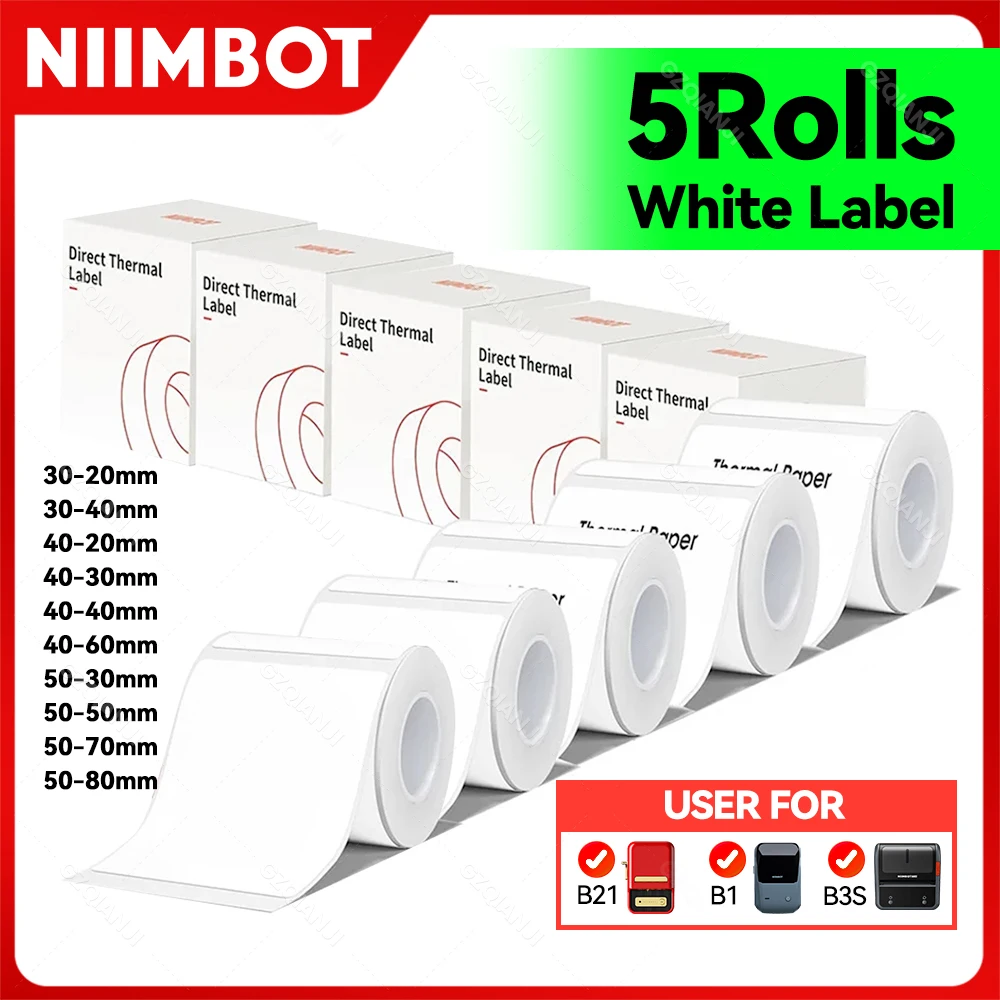 5 Rollen 30-50mm Thermoetikettenpapierrollen, weiß, wasserdicht, für Niimbot B1 B21 B203 B3S Etikettendrucker, Barcode- und Namensdruck