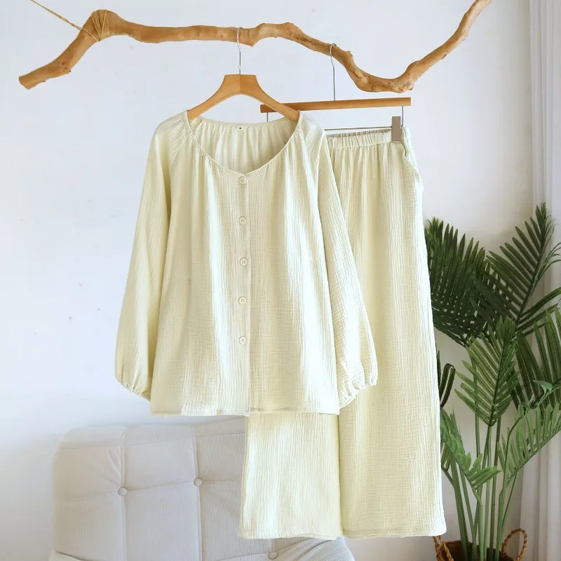 2026 New Women's Spring And Autumn Pajama Set 100% Cotton V-neck Solid Color Crepe Long Sleeve Long Pants Two Piece Home Clothes