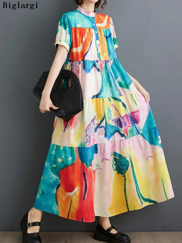 

Oversized Summer Dress Women Irregular Print Fashion Ruffle Pleated Ladies Dresses Loose Casual Woman A-Line Long Dress