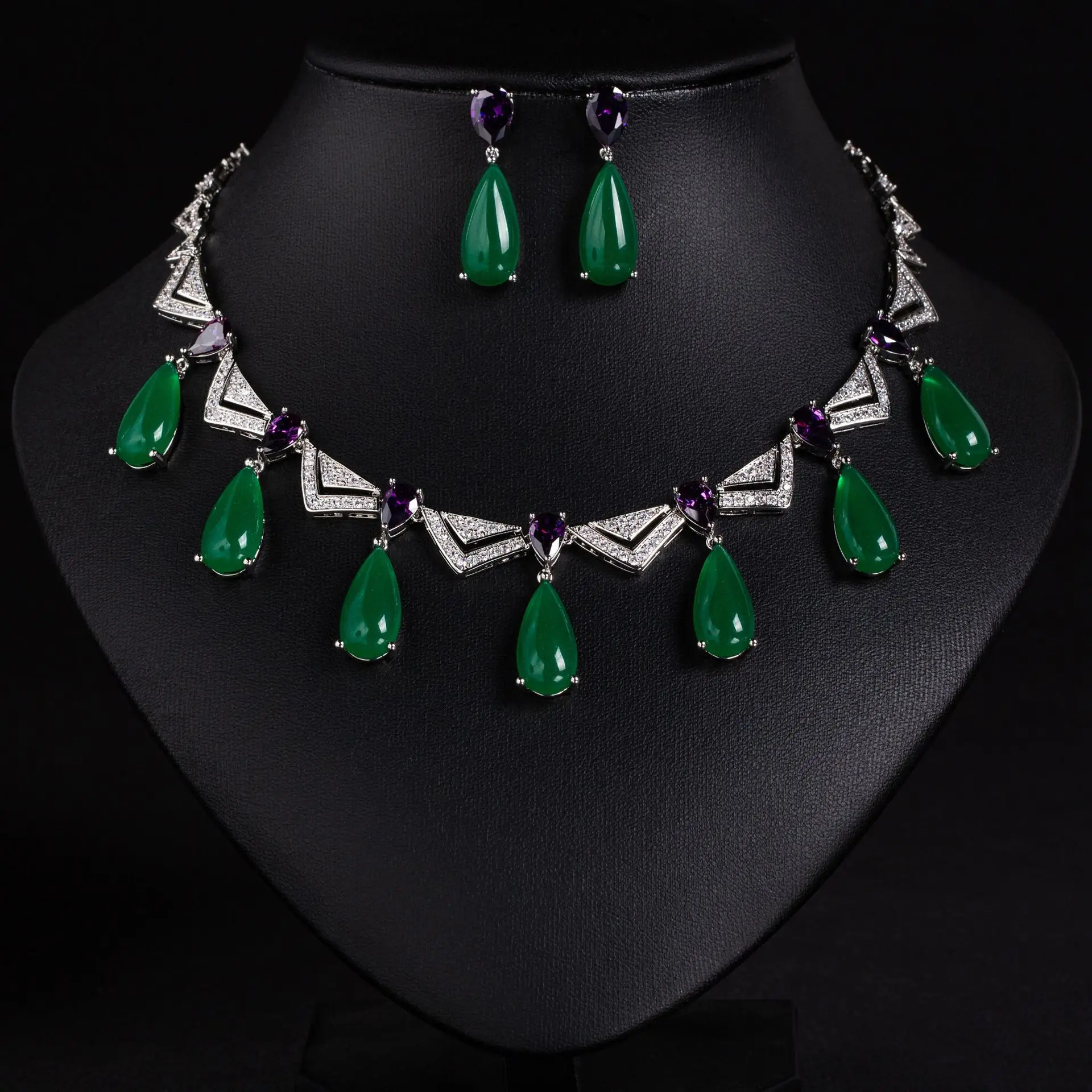 HIBRIDE Hot senior dazzling teardrop necklace earrings temperament women's costume jewellery set wedding party gift S-809