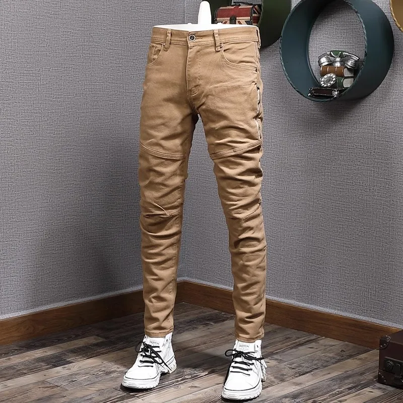Fashion Designer Men Jeans High Quality Black Stretch Slim Fit Vintage Jeans Zipper Spliced Hip Hop Y2K Casual Denim Pants Homme