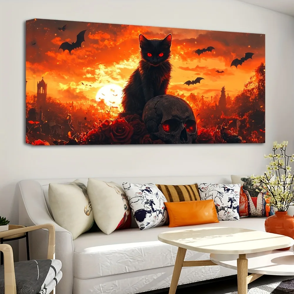 إطار من الخشب الصلب من الصنوبر السميك مقاس 1.5 بوصة، جدارية من قماش الهالوين العتيق، هيكل عظمي رعب للهالوين يقف على هيكل عظمي