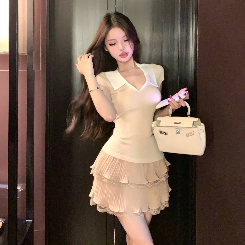 

Korean Sle Pure Casual Color Blo ort Sve irt And Cake Skirt Set Heavy Emed Leisure Faion for Young Women