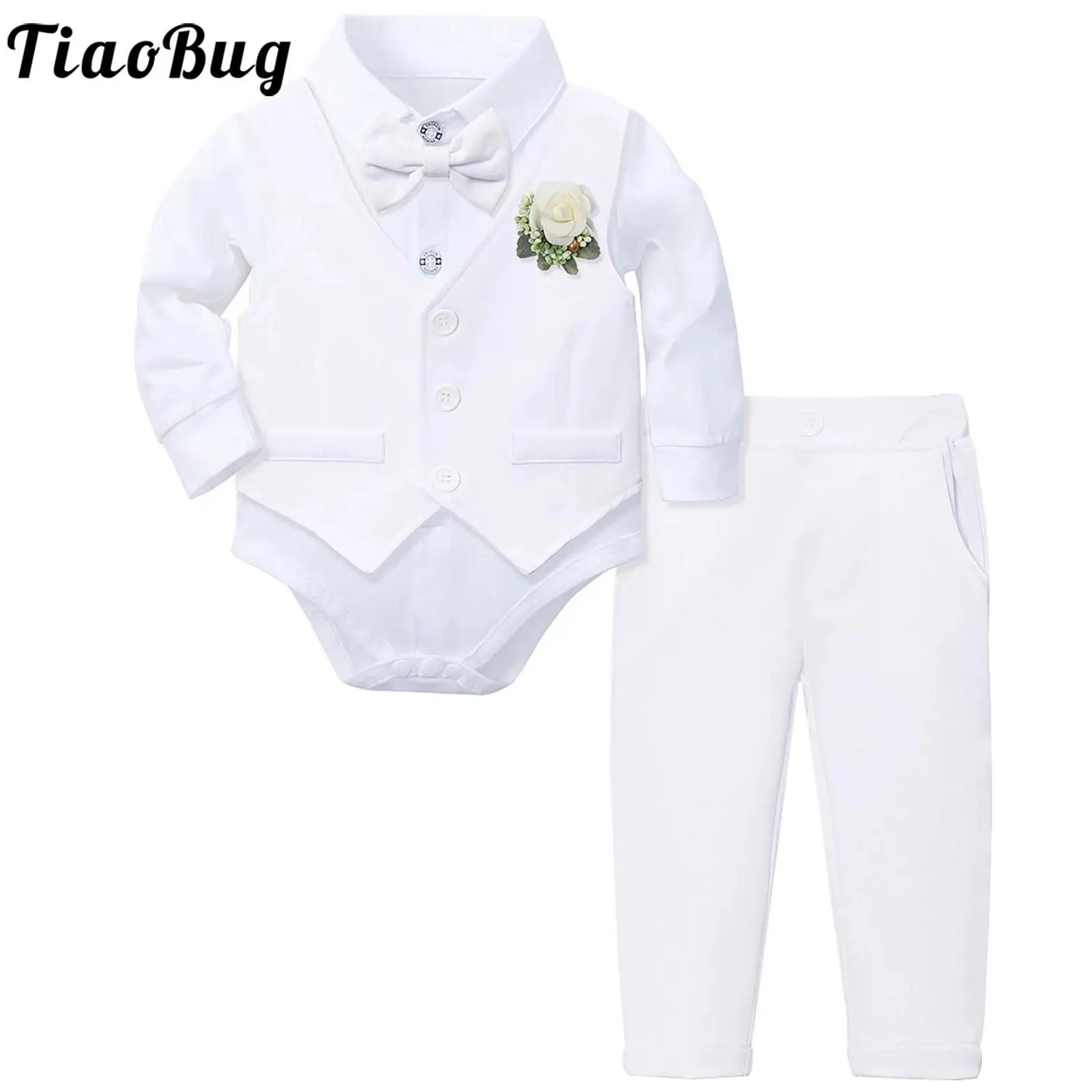Newborn Baby Boys Baptism Clothes Gentleman Suits Long Sleeve Bowtie Romper with Waistcoat Pants for Wedding Birthday Party