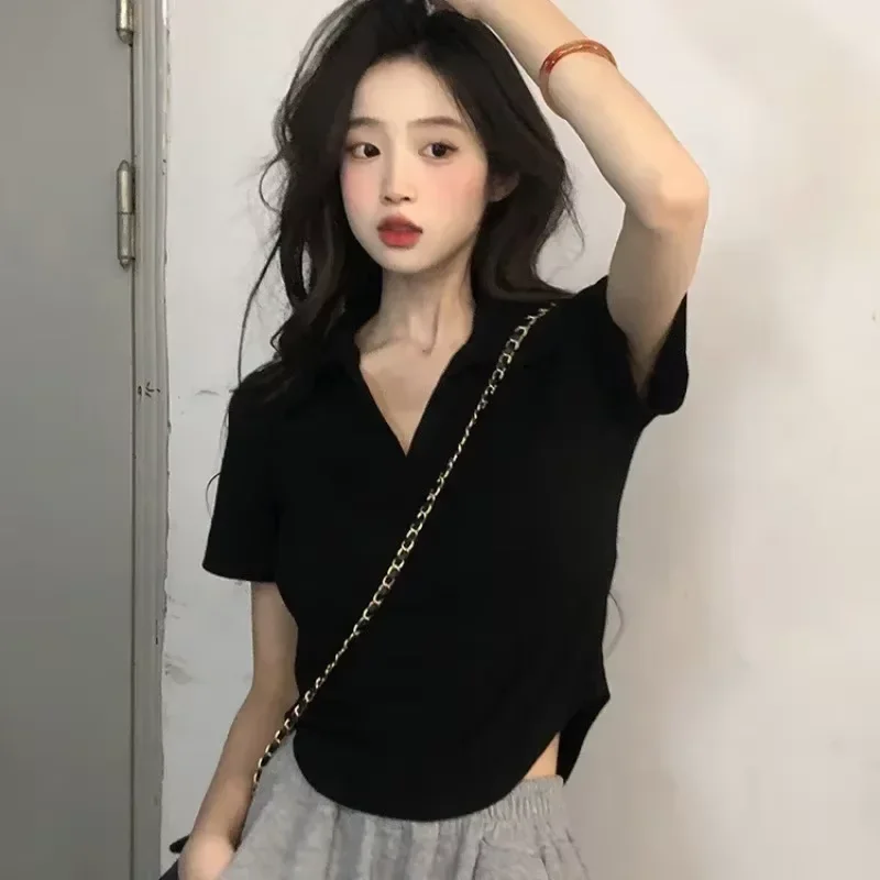 V-neck Shoulder White Short sleeve T-shirt Women Summer Design Sense Niche Irregular Slim fit Slimming Gyaru Pure Desire Top