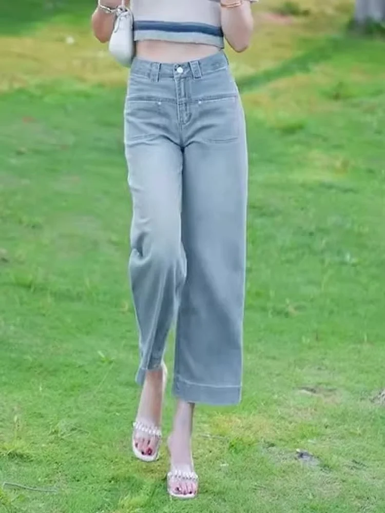 Verão fino novo 2025 luz azul denim cintura alta gelo seda drapey tamanho pequeno nove pontos perna reta calças de perna larga feminina