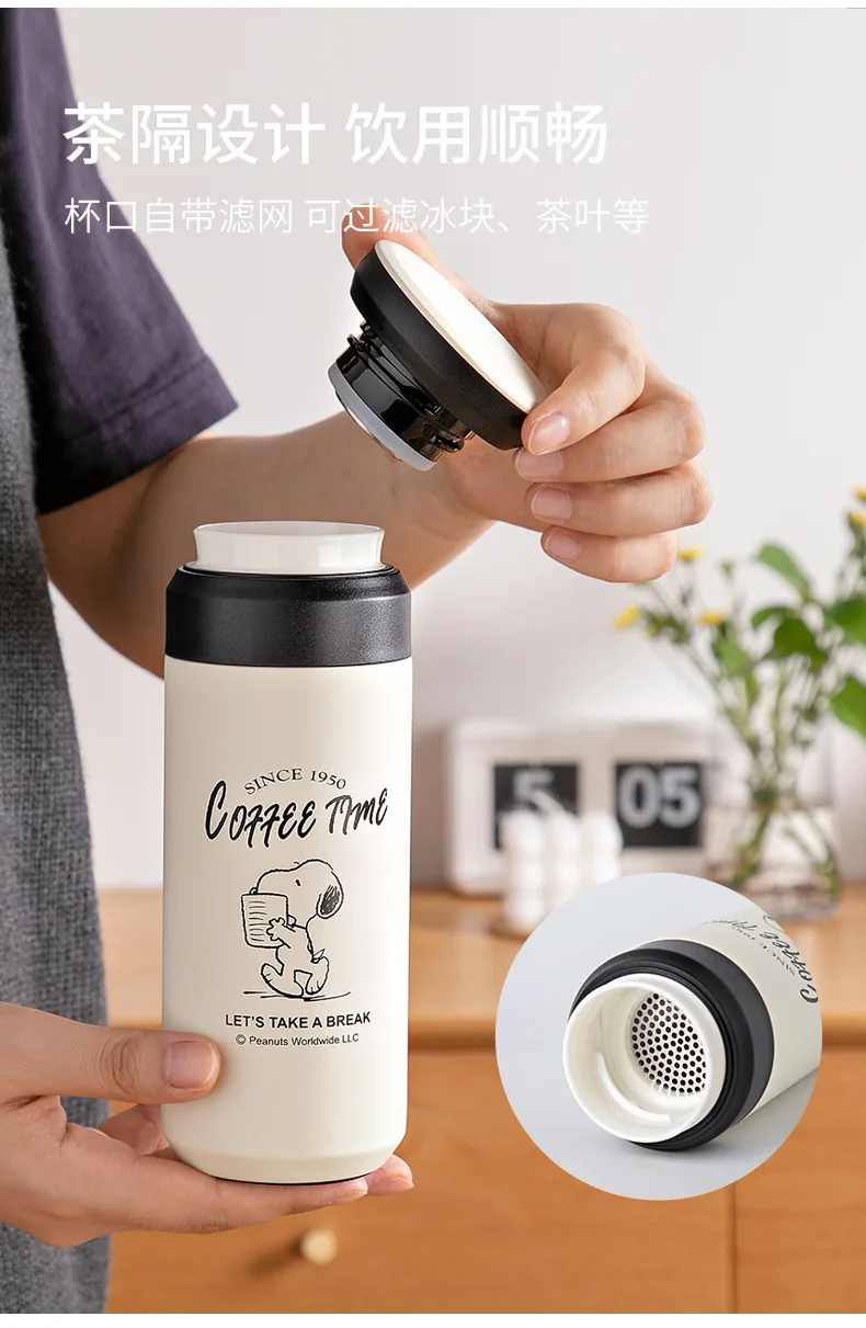 Taza Termo de Snoopy Anime, taza portátil Ins, compartimento Simple para hacer té, taza de agua de acero inoxidable para estudiantes, botella de agua fría