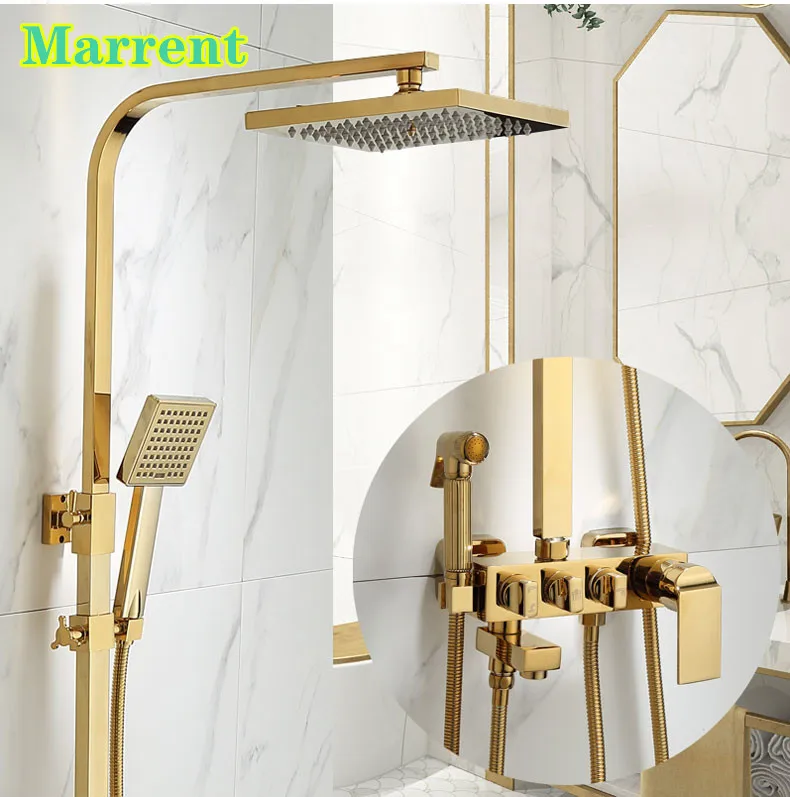 Mirror Gold Bathroom Shower Set Hot Cold Brass Bathroom Faucet Rainfall Shower Head Wall Mount Golden Thermostatic Shower System