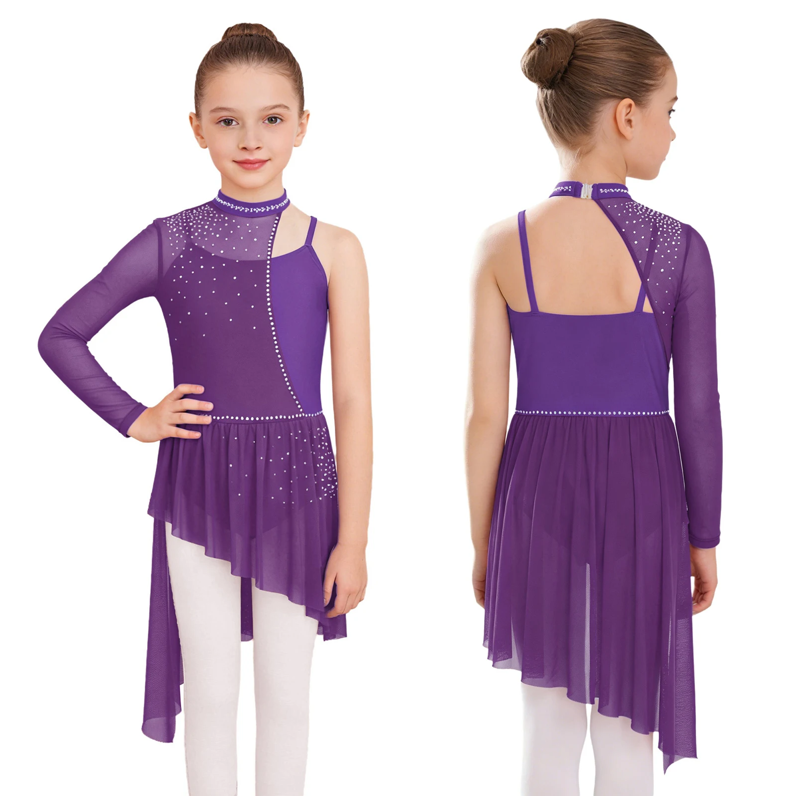 Kids Girls Sheer Mesh Shiny Rhinestone Modern Lyrical Dance Leotard Dress Figure Skating Gymnastic Acrobatics Ballet Dancewear