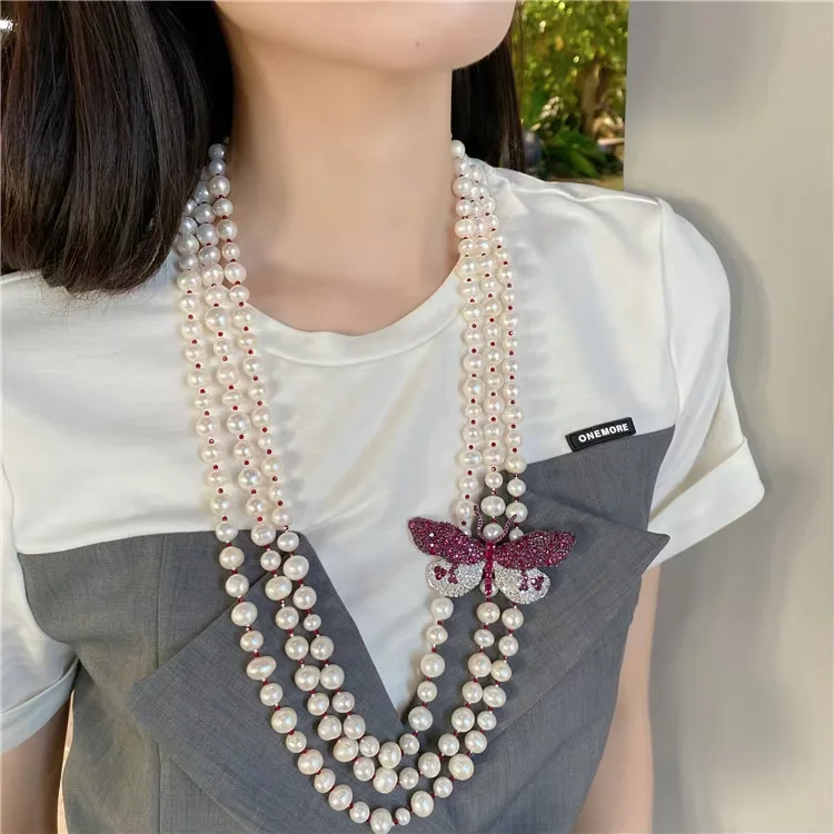 30-32'' 3 Strands White Round Pearl Pink Butterfly Brooch ornament Long Necklace