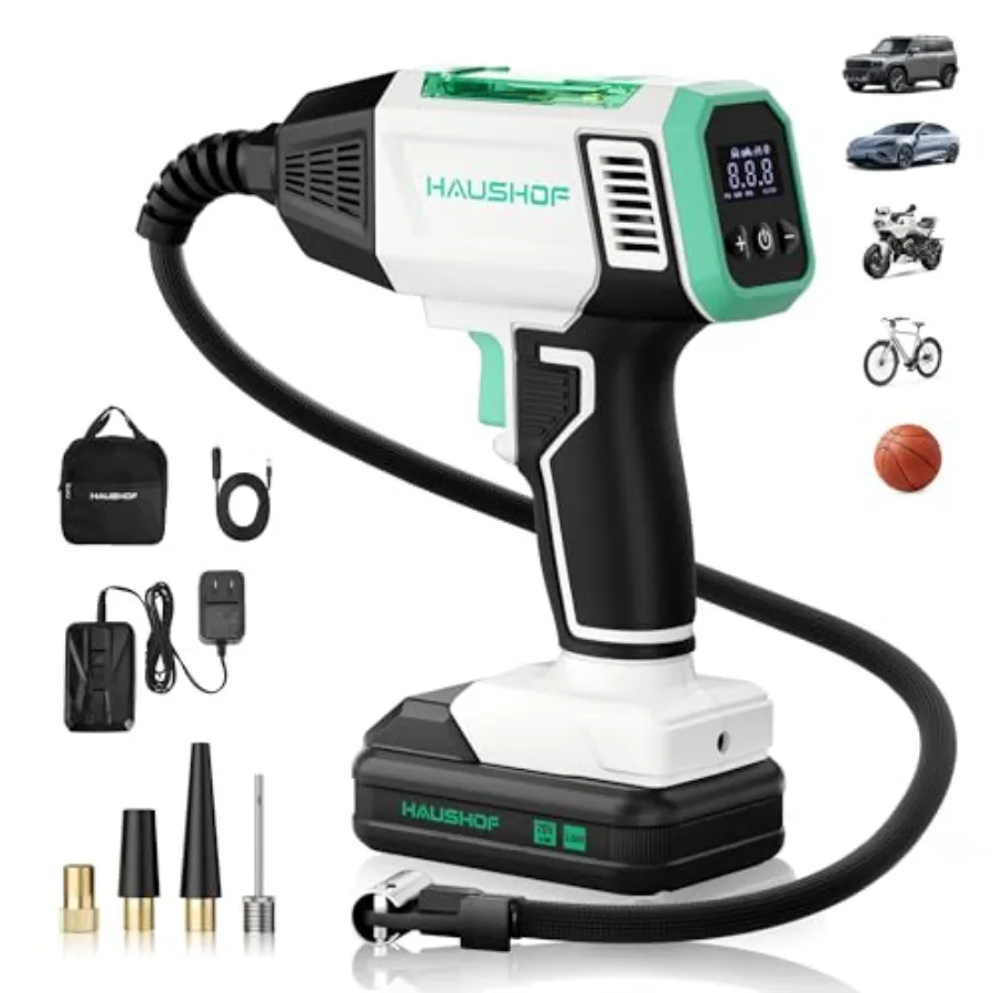 

Tire Inflator Portable Air Compressor 150PSI Cordless Air Pump with Digital Pressure Gauge 20V Rechargeable Battery 12V