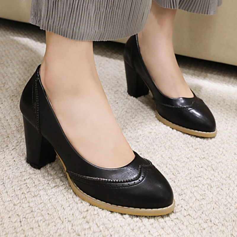 Elegant Medium Heels Pumps Shoes Yellow Pink Black White Women\'s Heeled Party Office Wedding Shoes Large Size