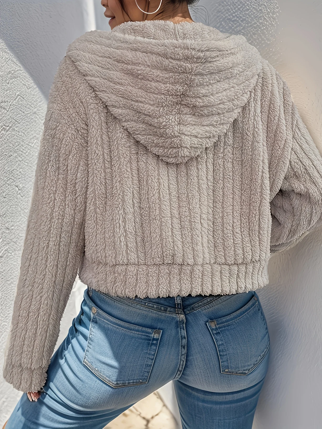 Elegant Faux Fur Zip-Up Hooded Jacket for Women - 100% Polyester Solid Color Cozy Short Coat for Fall/Winter