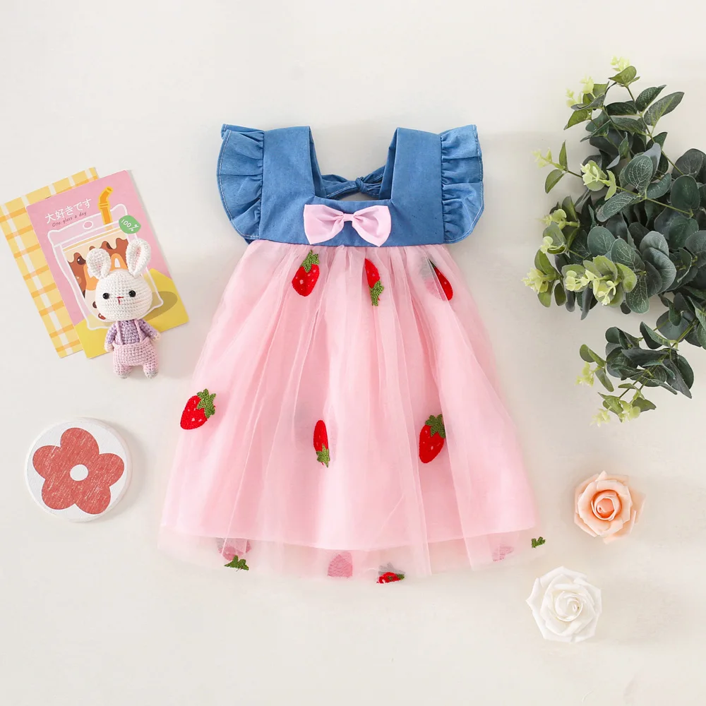 Party Girl Dress Summer Girl Little Flying Sleeve Cowboy Strawberry Embroidered Mesh Cute Sweet Princess Dress