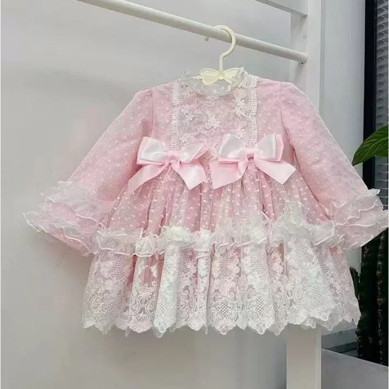 Baby Girl Princess Bow Lace Dress Long Sleeve Child Vintage Pink Vestido Party Birthday Pageant Costume Baby Clothes 1-7Y