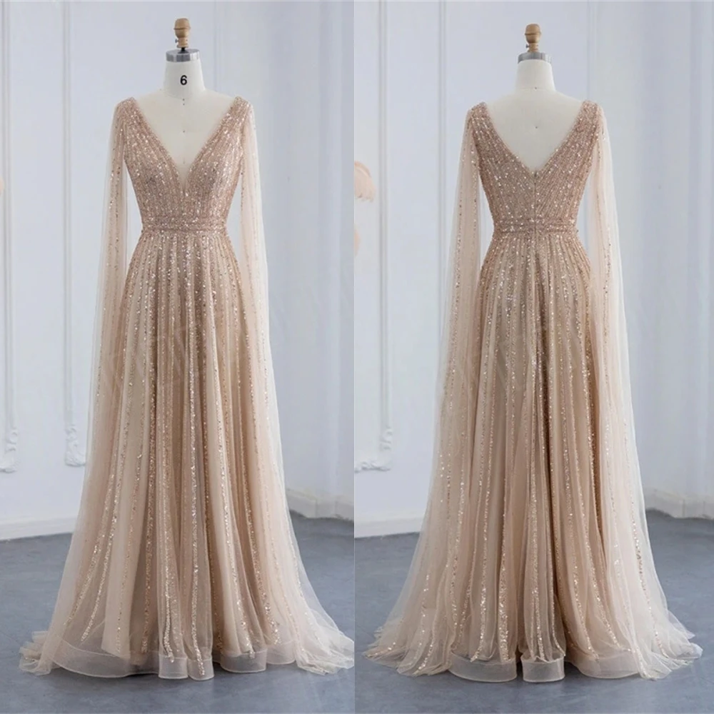 

Customized High Quality champagne Tulle Evening Dress Exquisite V-Neck Cocktail Dress Temperament Special Occasion Gowns