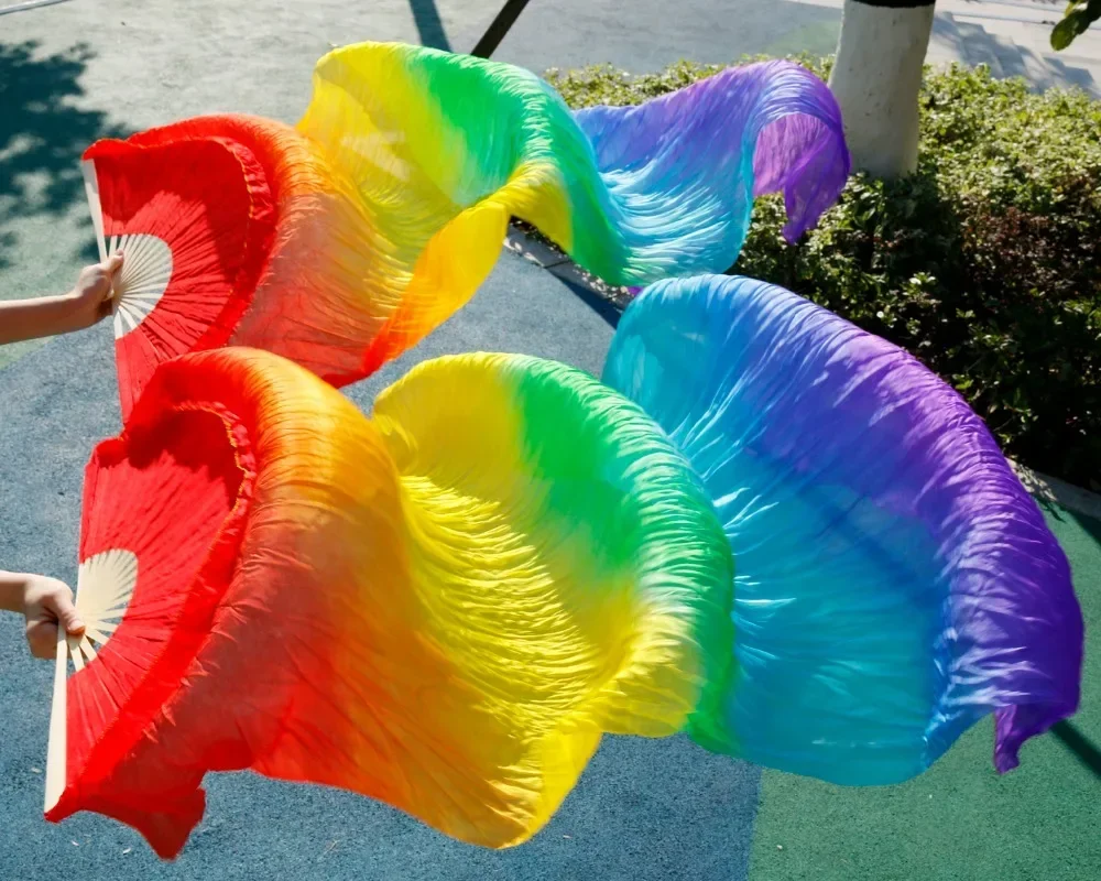 2018 heißer Verkauf Frauen echte Seide Bauchtanz Fan Schleier von Bauchtanz Fans Regenbogen farbe (2 stücke)