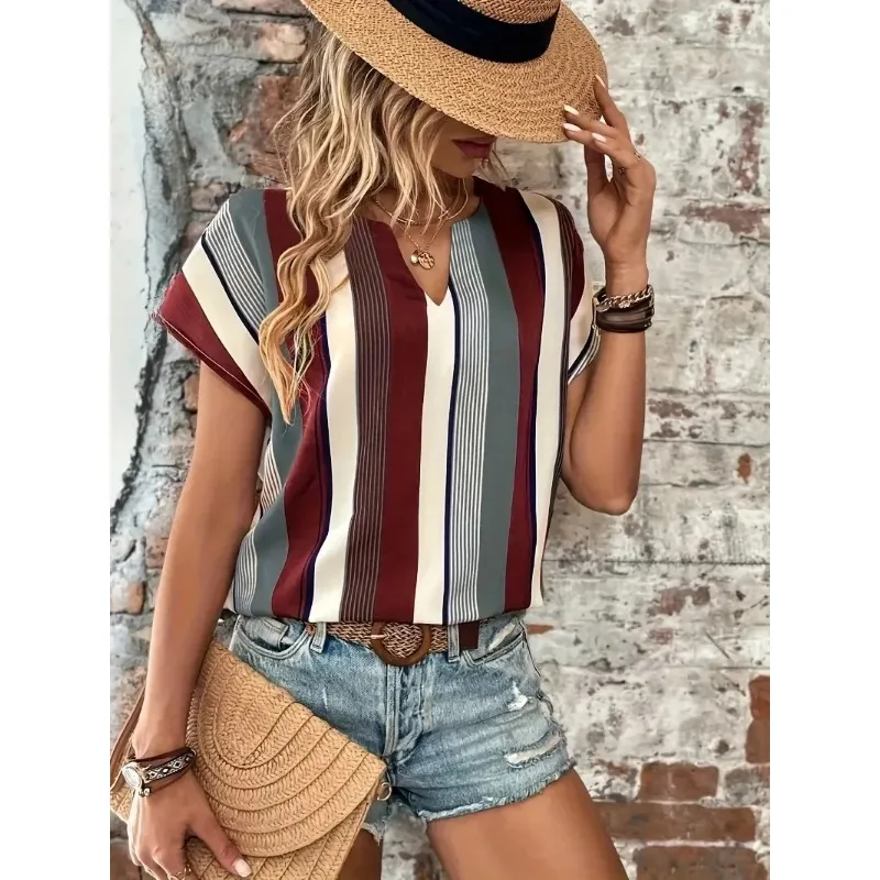 Plus Size 1XL-8XL Casual T-shirt Women\'s Plus Stripe Print Short Sleeve Notched Neck Top