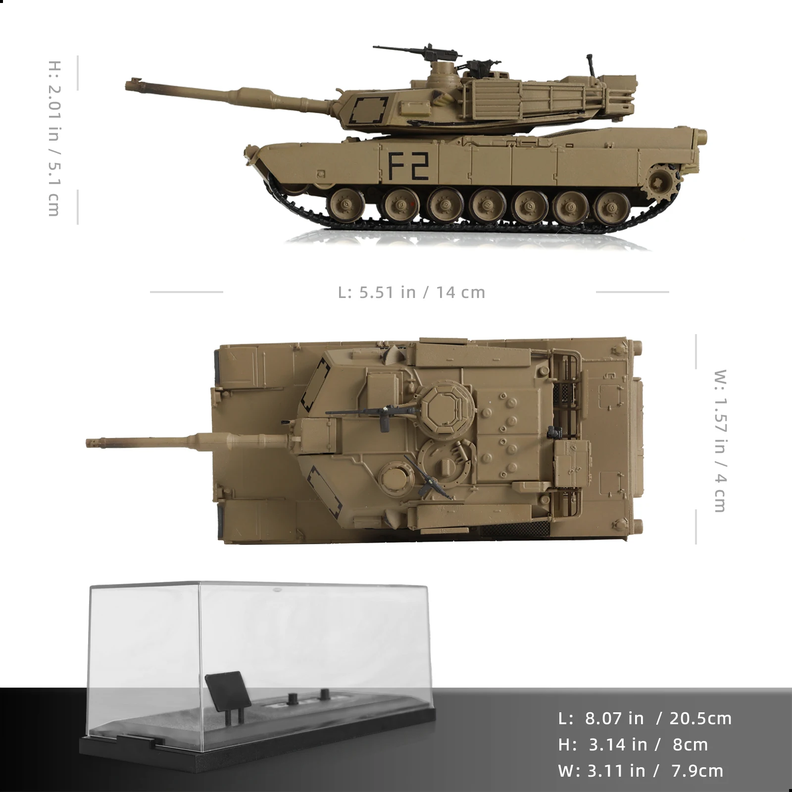 1:72 F2 U.S. M1A1 Abrams Tank Model Acrylic Display Case Collectible Showpiece Mil. Enthusiast Man Xmas Bday Gift