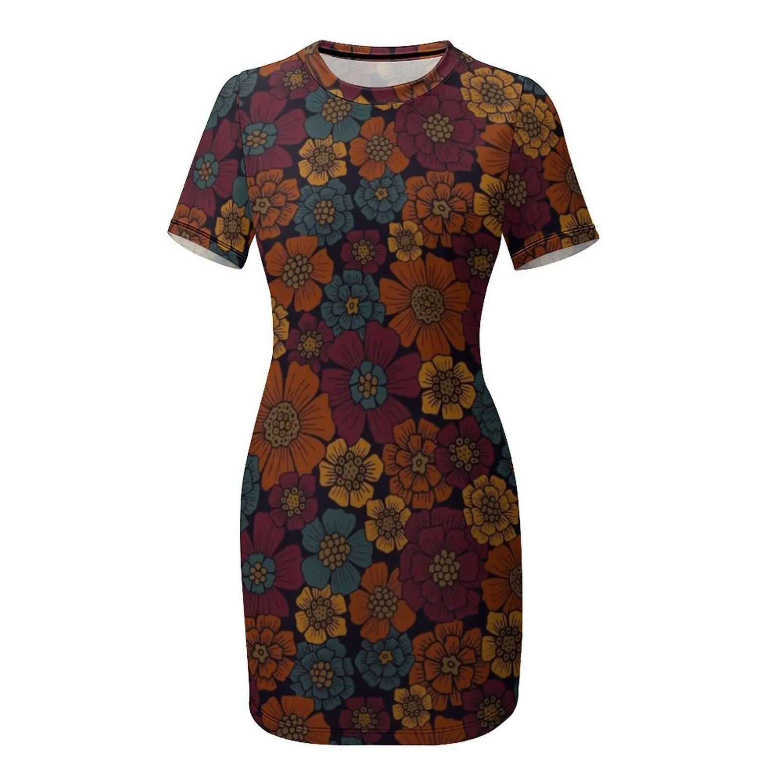 Vestido de manga corta floral de color burdeos oscuro, verde azulado y mostaza, vestido de noche para mujer