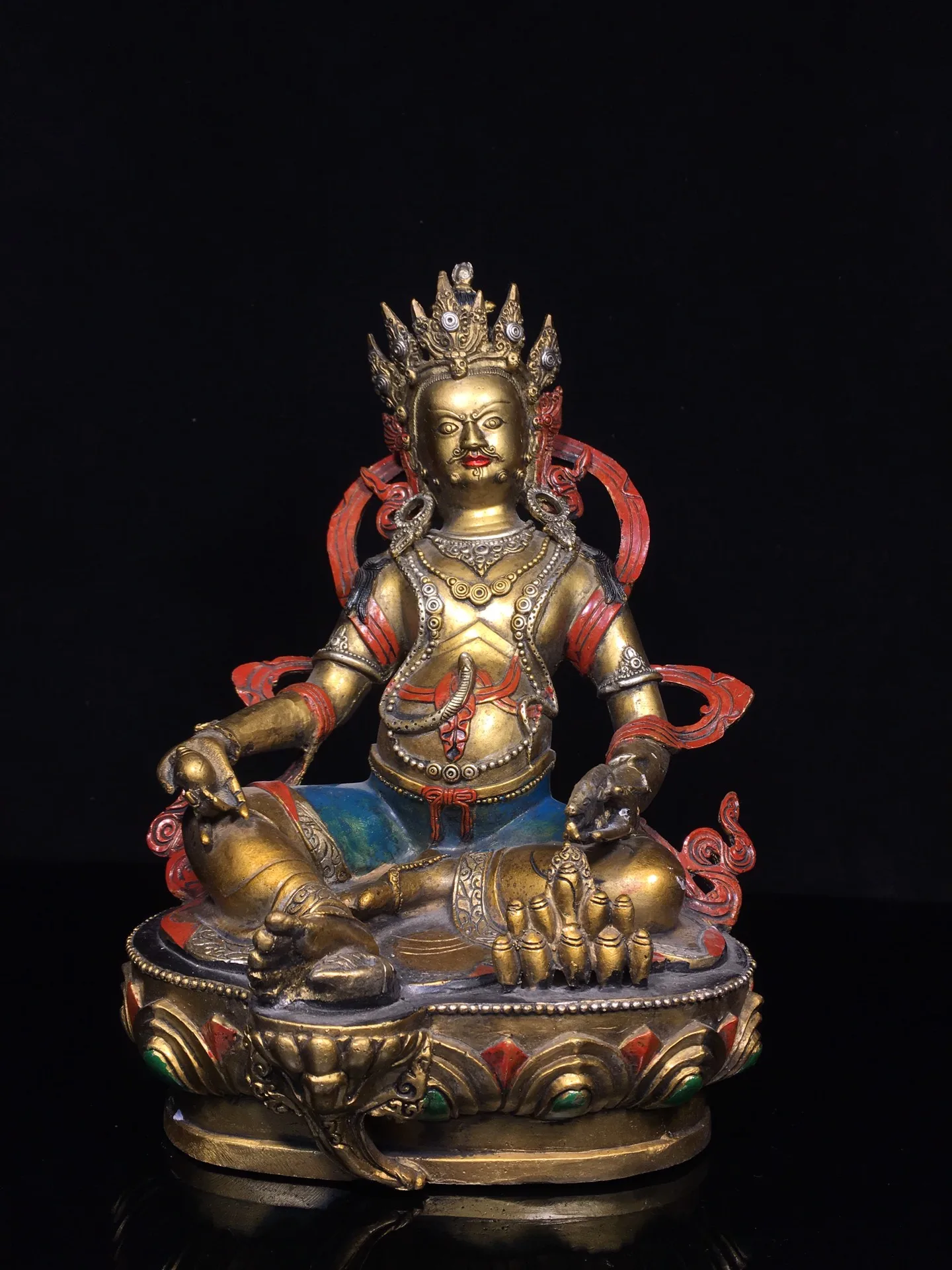 

11"Tibetan Temple Collection Old Bronze Painted Yellow Jambhala lotus platform Sitting Buddha Worship Hall Town house Exorcism