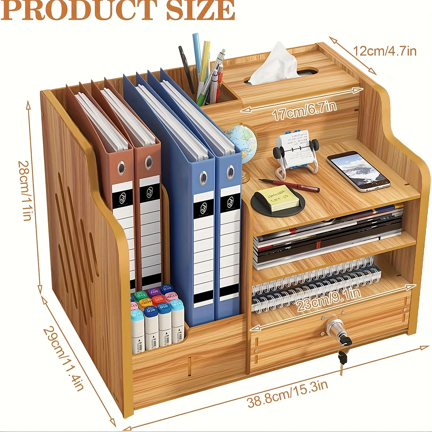 منظم سطح المكتب الخشبي صندوق تخزين مكتبي لوازم مكتبية حامل ملفات قابل للتكديس مع فتحة قلم مفتاح هوك منظم قرطاسية