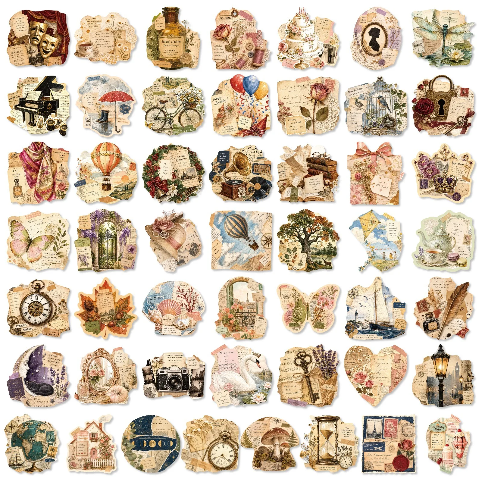 50 Pcs Vintage European Old Newspaper Stickers Rose Clock Antique Waterproof Vinyl Decals for Journal Laptop Phone Case Gift