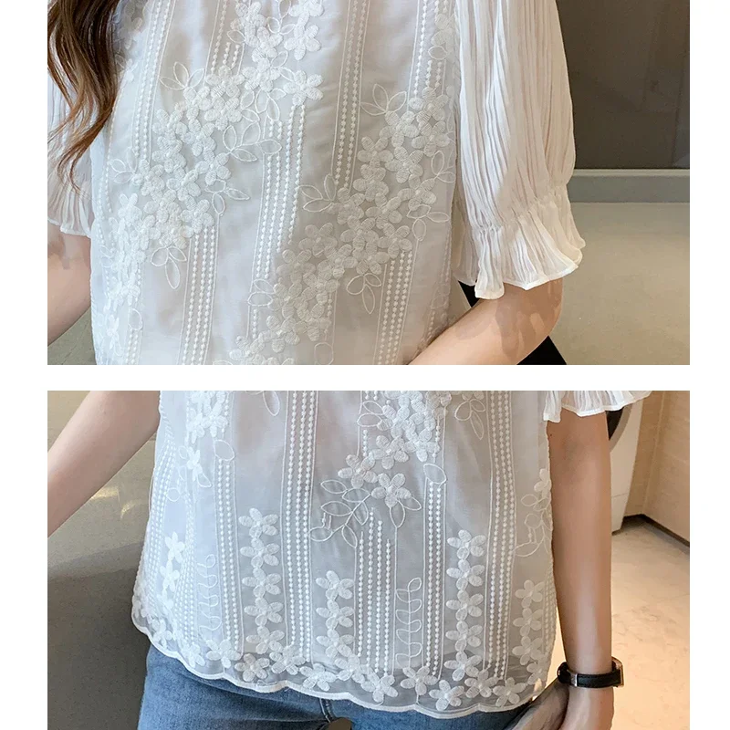 Summer Casual White Women Blouse Shirt Blouses Blusas Mujer De Moda 2024 Verano Short Sleeve Lace Chiffon Blouse Women Tops E950