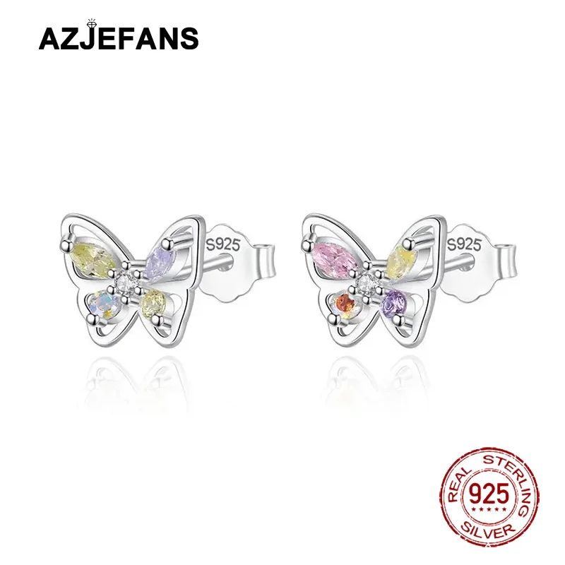AZJEFANS 925 Sterling Silver Colourful Crystal Butterfly Stud Earrings Fine Jewelry