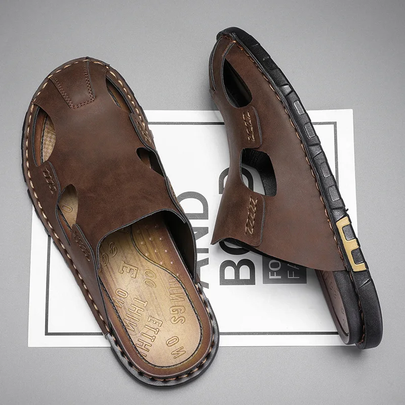 

2026 New Men's Slippers Summer Baotou Half Slippers Luxury Cowhide Leather Slippers for Men Designer Slipper Casual Beach Slides