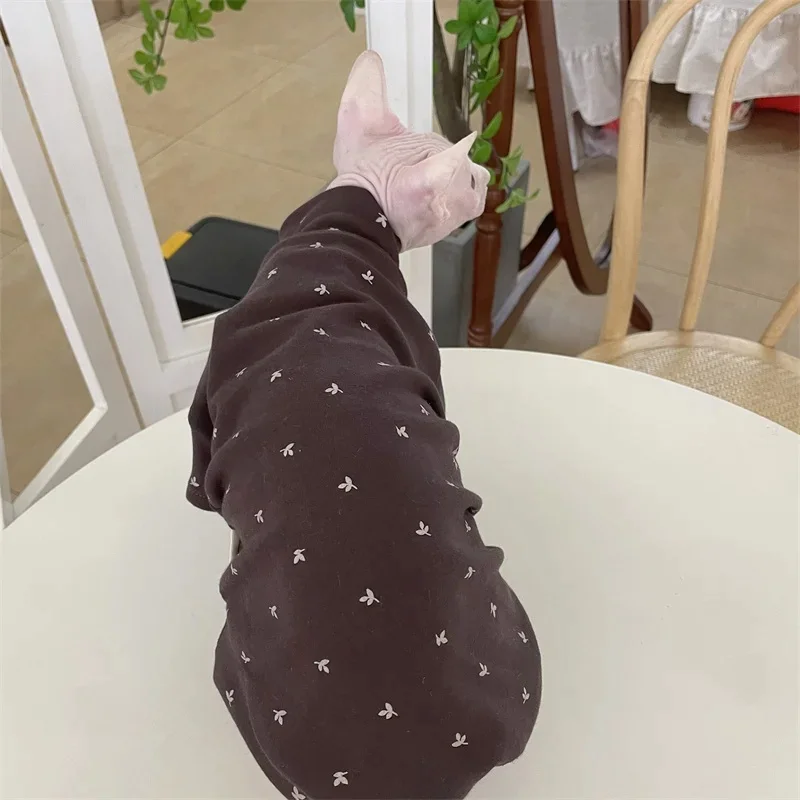 Cat Clothing for Winter Thick Cotton Floral Coat for Sphinx Spring Coffee Undershirt for Cats Soft Loungewear for Hairless Cat