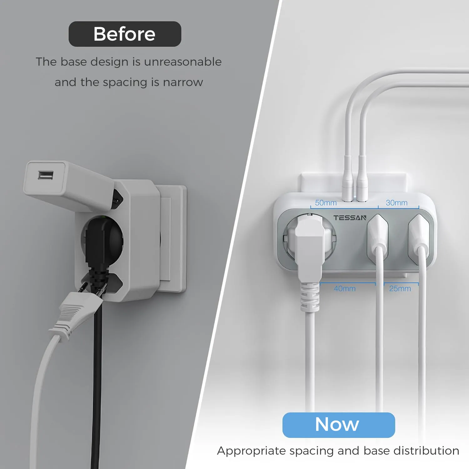 TESSAN Tomada de parede múltipla com 3 tomadas CA 3 portas USB Adaptador USB 6 em 1 com proteção contra sobrecarga para smartphone tablet casa