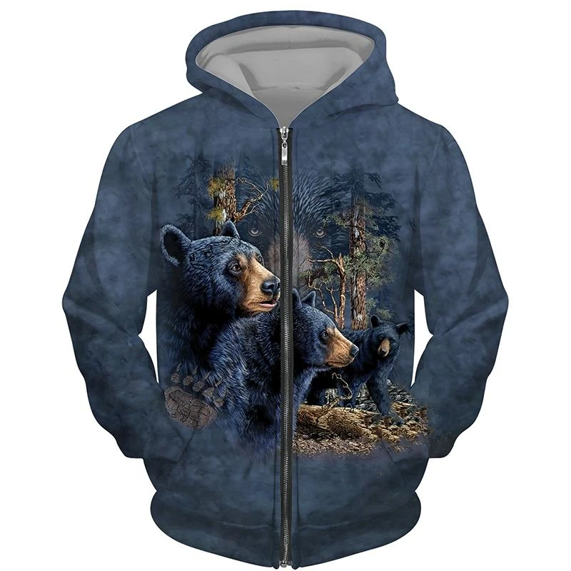 3D Bear Print Zip-Up Hoodie for Men Women